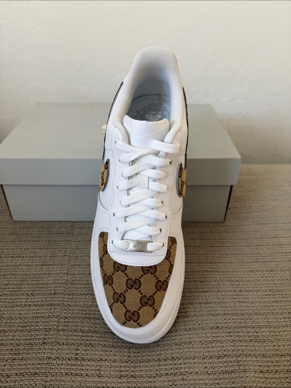 Nike Men’s White Sneakers with Brown Monogram Accents - Picture 2 of 5